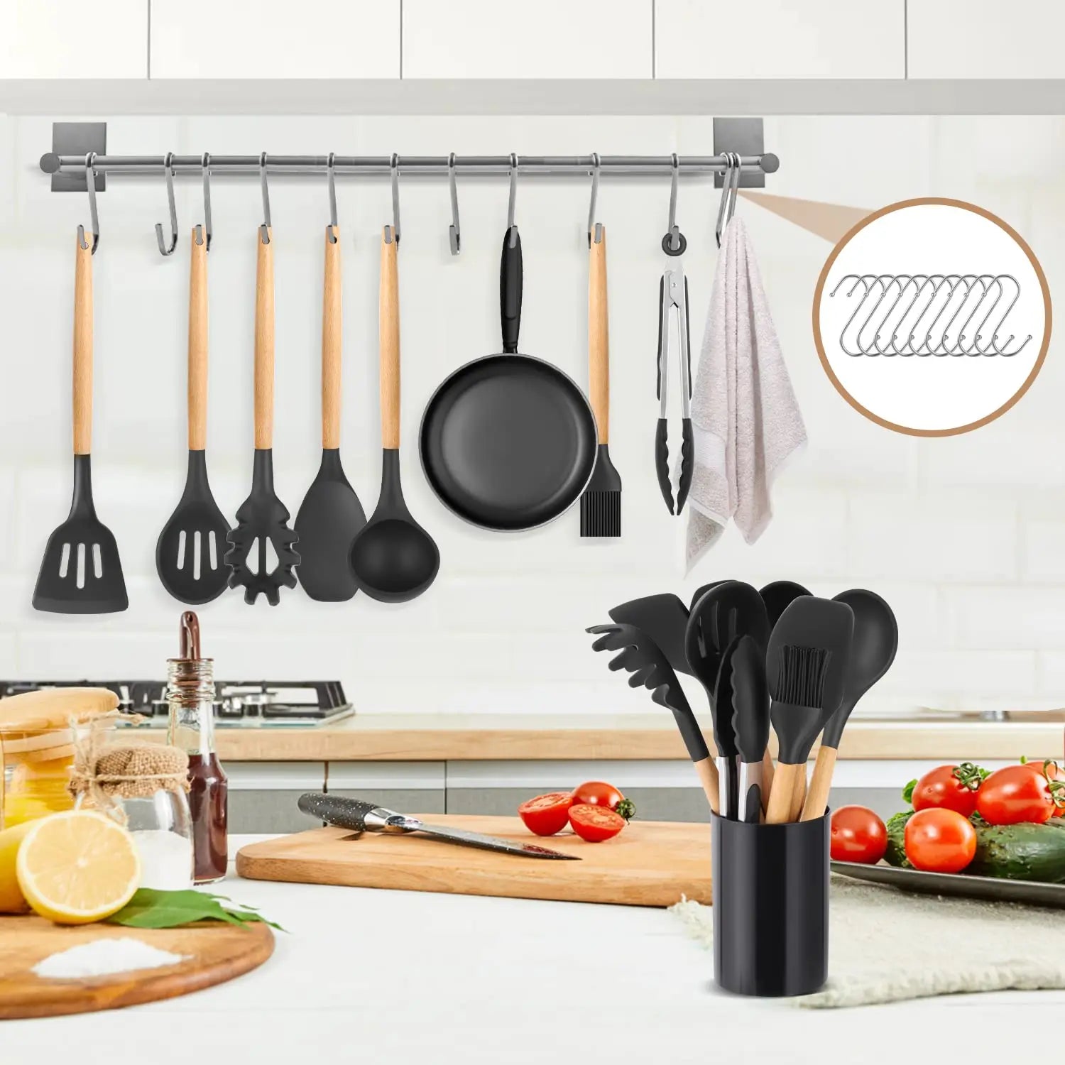 Conjunto de Utensílios de Cozinha em Silicone - 33 peças, Antiaderente, com Espátulas e Suporte, Cabo de Madeira (Preto)
