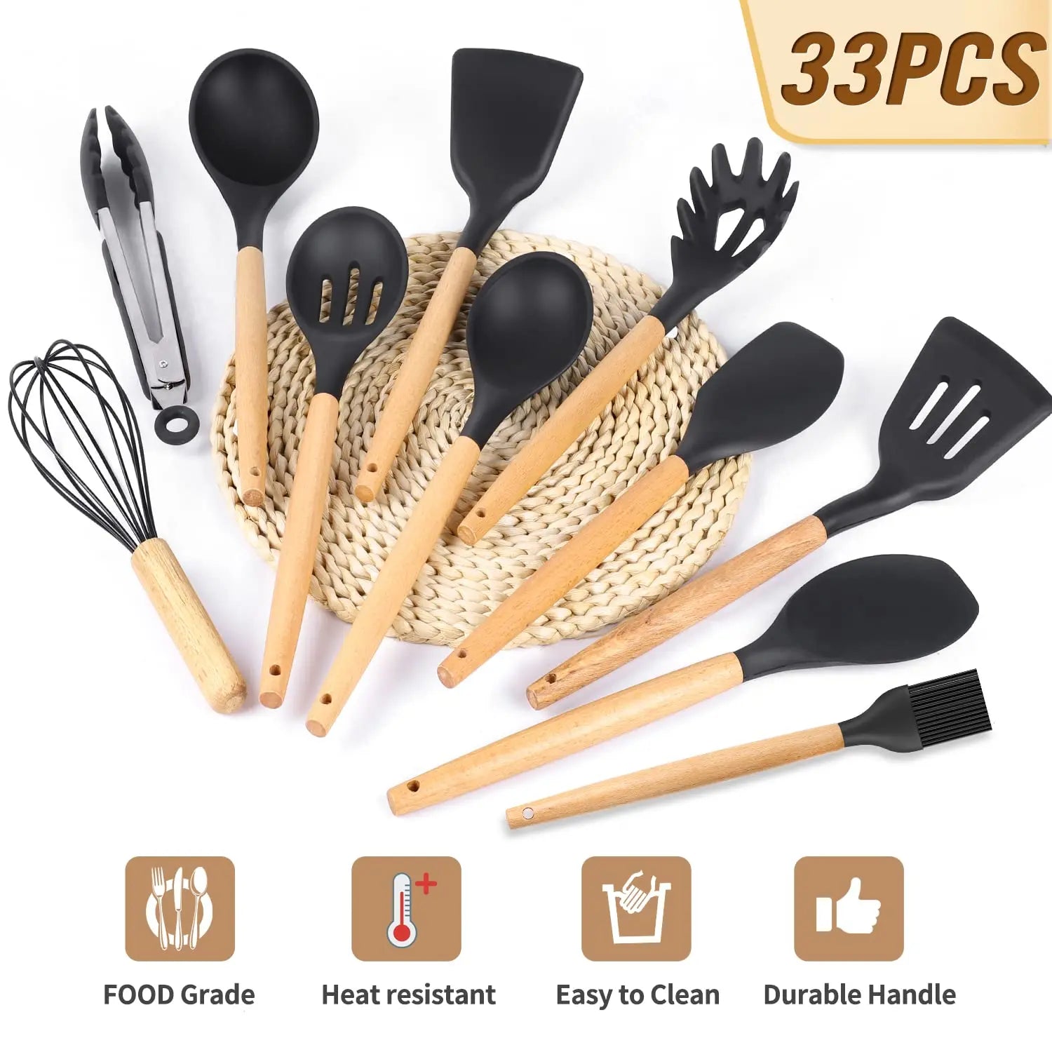 Conjunto de Utensílios de Cozinha em Silicone - 33 peças, Antiaderente, com Espátulas e Suporte, Cabo de Madeira (Preto)