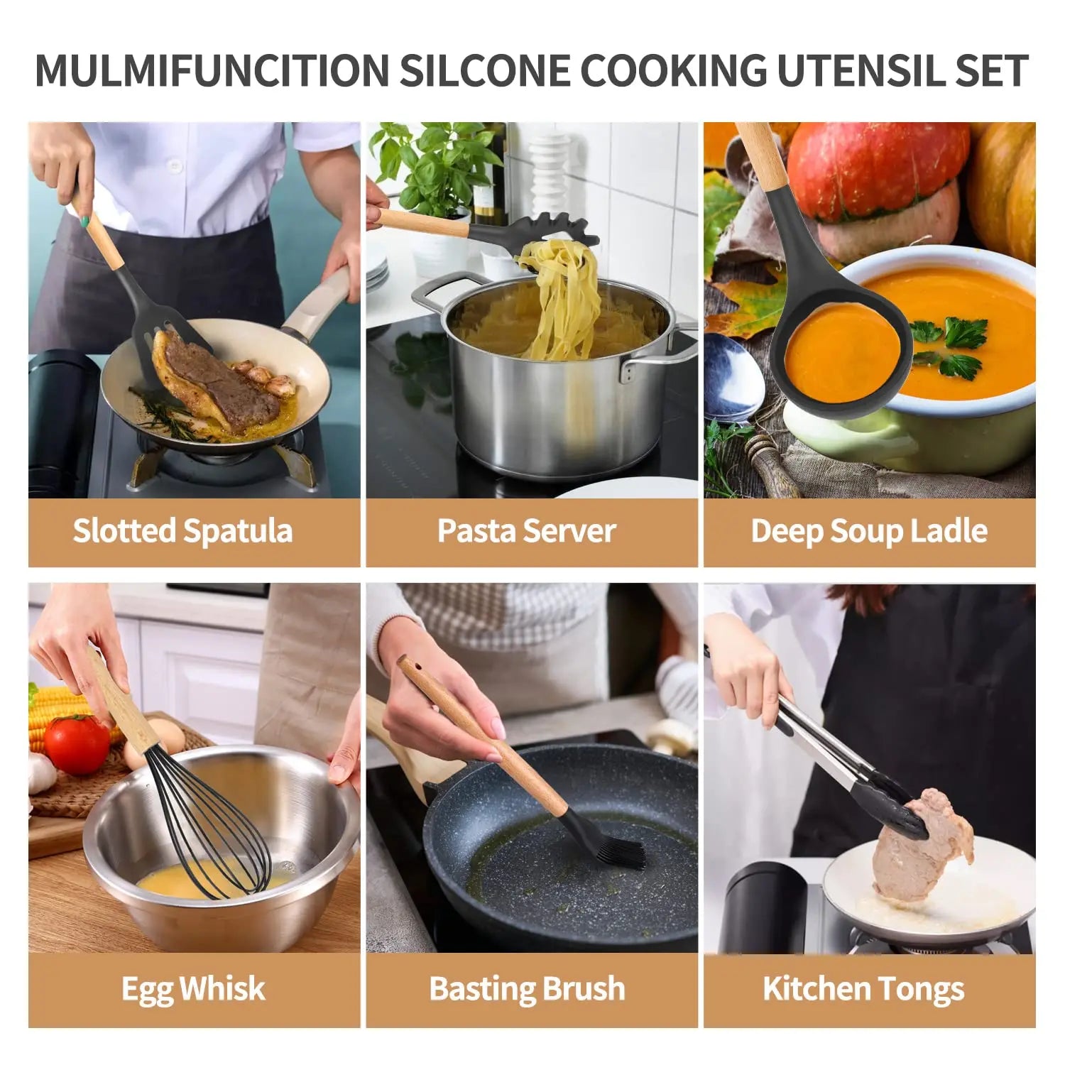 Conjunto de Utensílios de Cozinha em Silicone - 33 peças, Antiaderente, com Espátulas e Suporte, Cabo de Madeira (Preto)