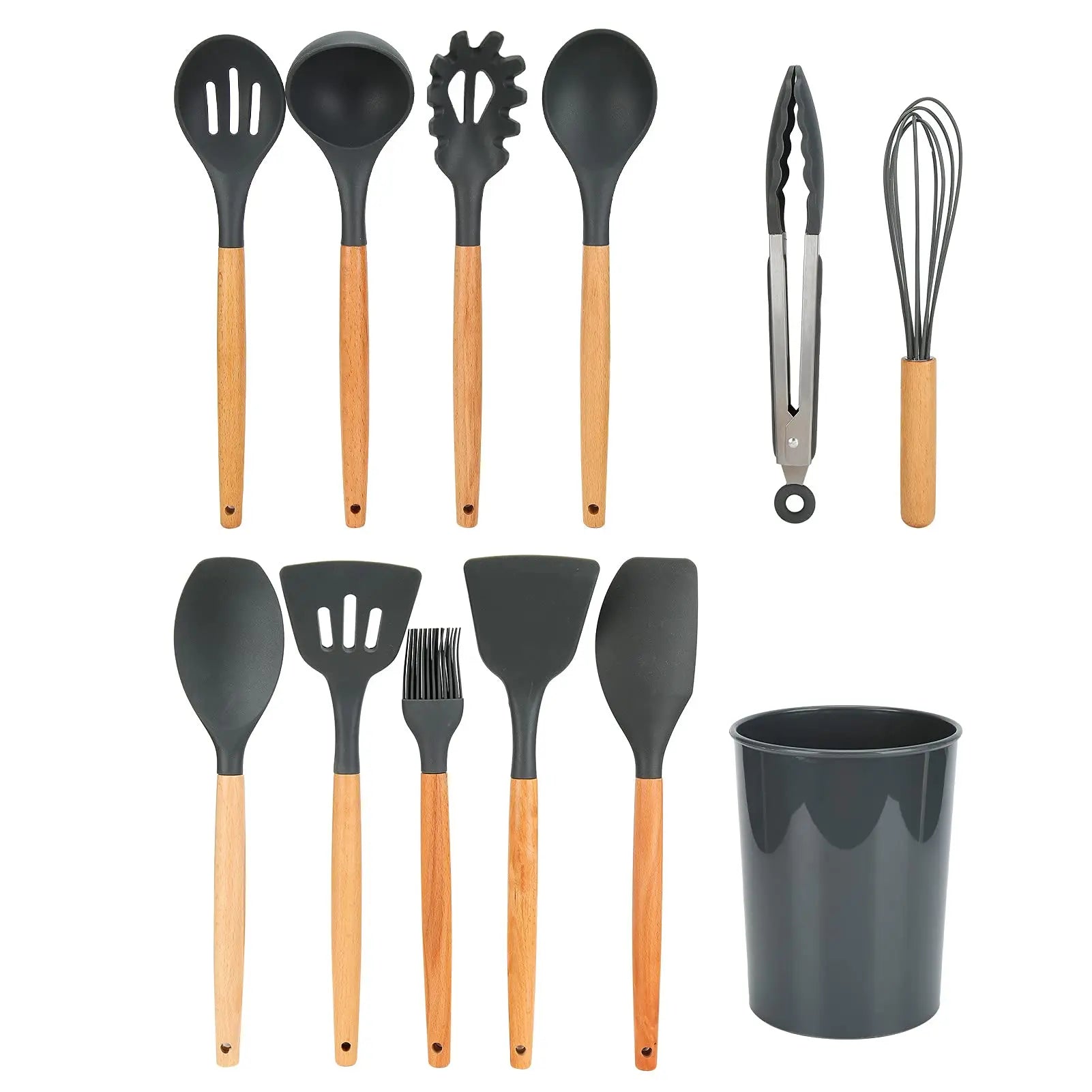 Conjunto de 12 utensílios de cozinha de silicone cinza, antiaderentes, com cabos de madeira de faia, resistentes ao calor até 250 °C (480 °F), ideais para cozinhas domésticas.