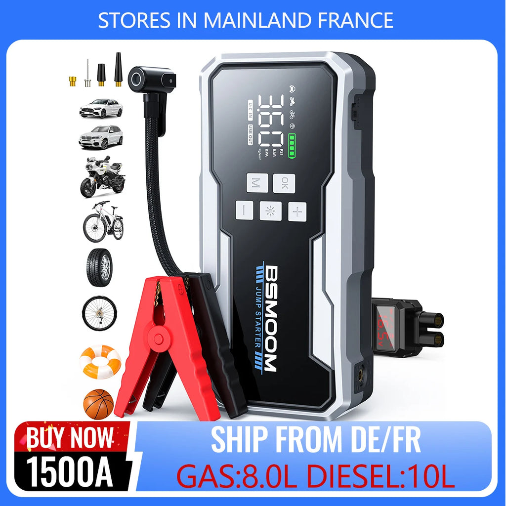 Bateria auxiliar de partida de 21800mAh, 1500A, 12V, com compressor de ar portátil de 160PSI, com display LCD, cabo de partida inteligente (para todos os veículos a gasolina/diesel de até 10.0L), bateria auxiliar.