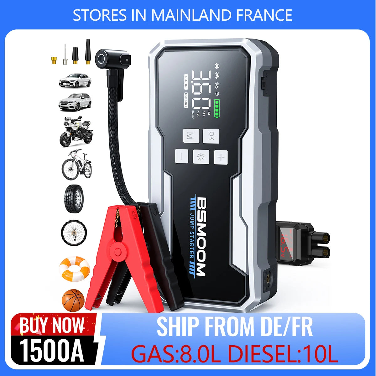 Bateria auxiliar de partida de 21800mAh, 1500A, 12V, com compressor de ar portátil de 160PSI, com display LCD, cabo de partida inteligente (para todos os veículos a gasolina/diesel de até 10.0L), bateria auxiliar.