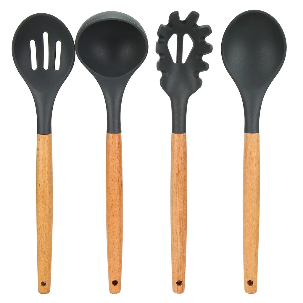 Conjunto de 12 utensílios de cozinha de silicone cinza, antiaderentes, com cabos de madeira de faia, resistentes ao calor até 250 °C (480 °F), ideais para cozinhas domésticas.