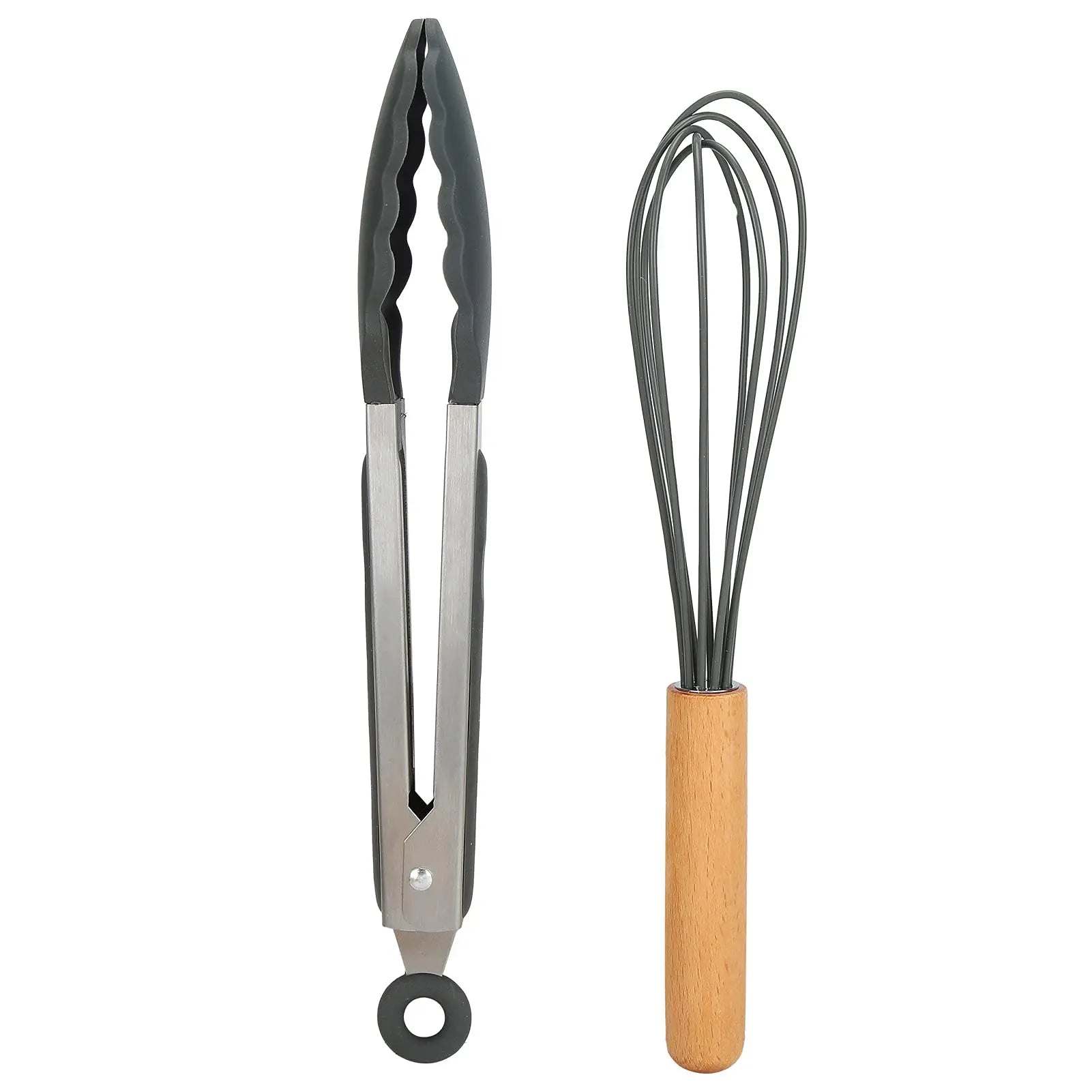Conjunto de 12 utensílios de cozinha de silicone cinza, antiaderentes, com cabos de madeira de faia, resistentes ao calor até 250 °C (480 °F), ideais para cozinhas domésticas.