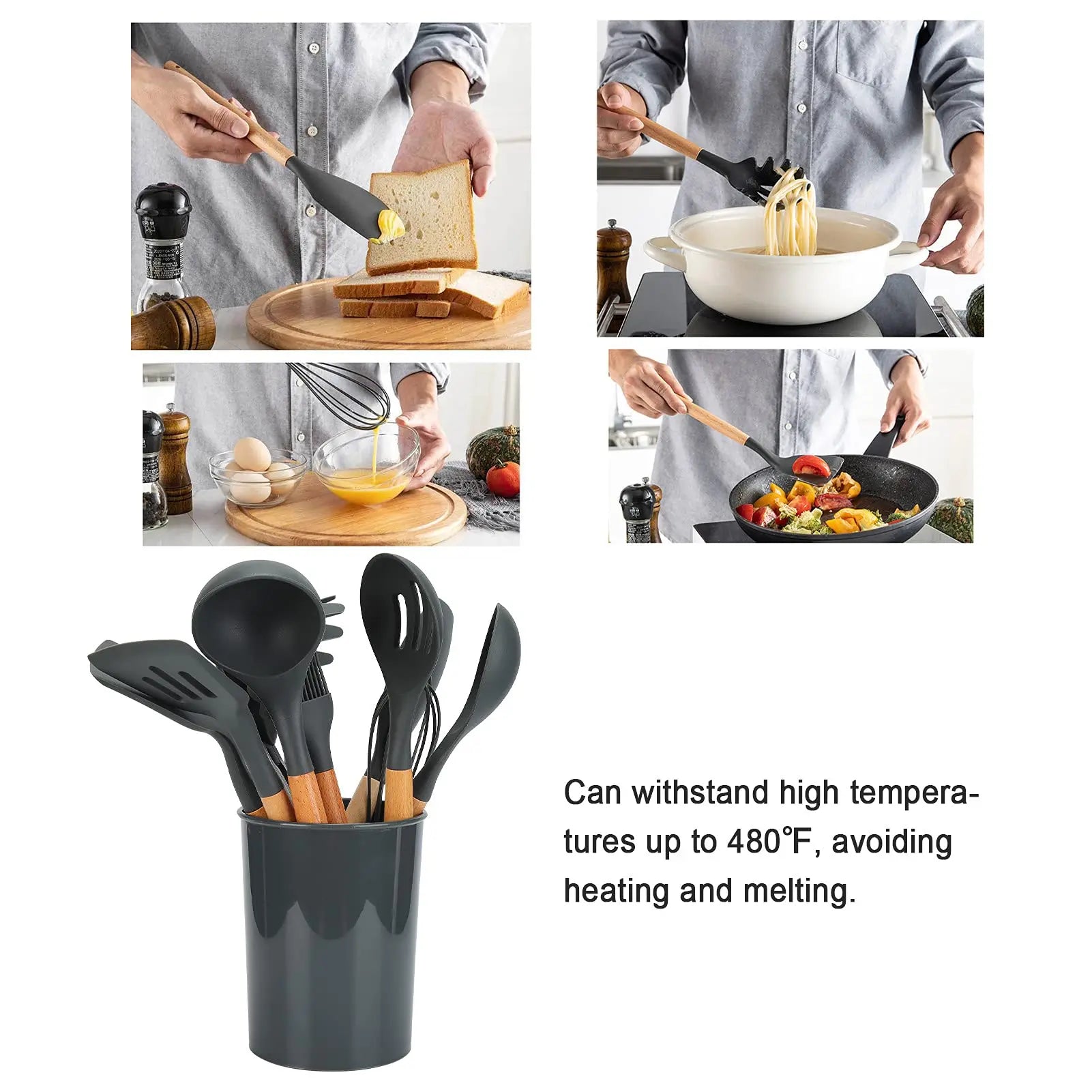 Conjunto de 12 utensílios de cozinha de silicone cinza, antiaderentes, com cabos de madeira de faia, resistentes ao calor até 250 °C (480 °F), ideais para cozinhas domésticas.