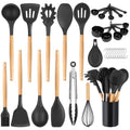Conjunto de Utensílios de Cozinha em Silicone - 33 peças, Antiaderente, com Espátulas e Suporte, Cabo de Madeira (Preto)