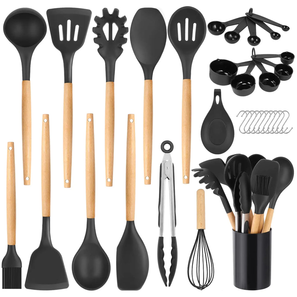 Conjunto de Utensílios de Cozinha em Silicone - 33 peças, Antiaderente, com Espátulas e Suporte, Cabo de Madeira (Preto)