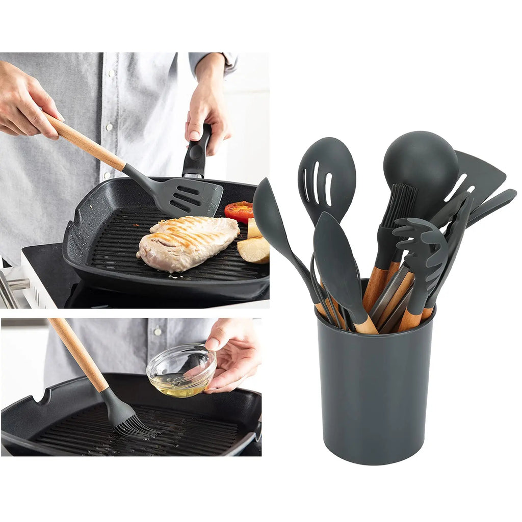 Conjunto de 12 utensílios de cozinha de silicone cinza, antiaderentes, com cabos de madeira de faia, resistentes ao calor até 250 °C (480 °F), ideais para cozinhas domésticas.