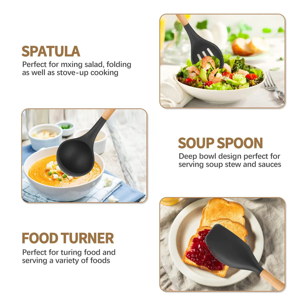 Conjunto de Utensílios de Cozinha em Silicone - 33 peças, Antiaderente, com Espátulas e Suporte, Cabo de Madeira (Preto)