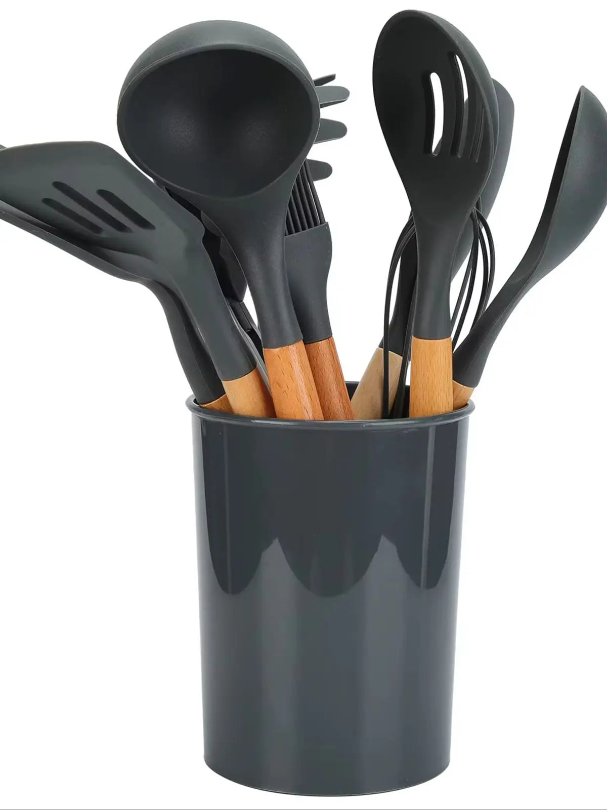 Conjunto de 12 utensílios de cozinha de silicone cinza, antiaderentes, com cabos de madeira de faia, resistentes ao calor até 250 °C (480 °F), ideais para cozinhas domésticas.