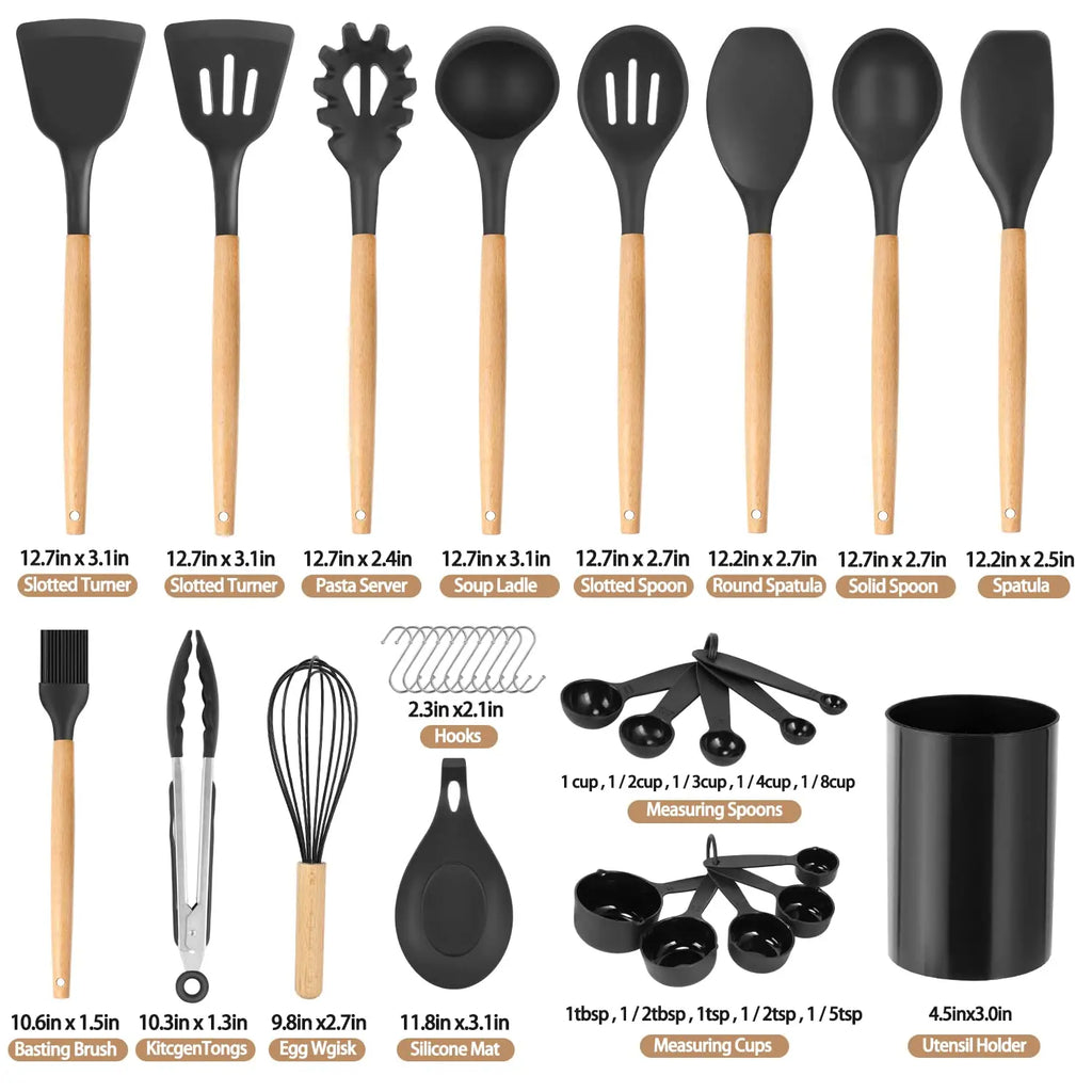 Conjunto de Utensílios de Cozinha em Silicone - 33 peças, Antiaderente, com Espátulas e Suporte, Cabo de Madeira (Preto)