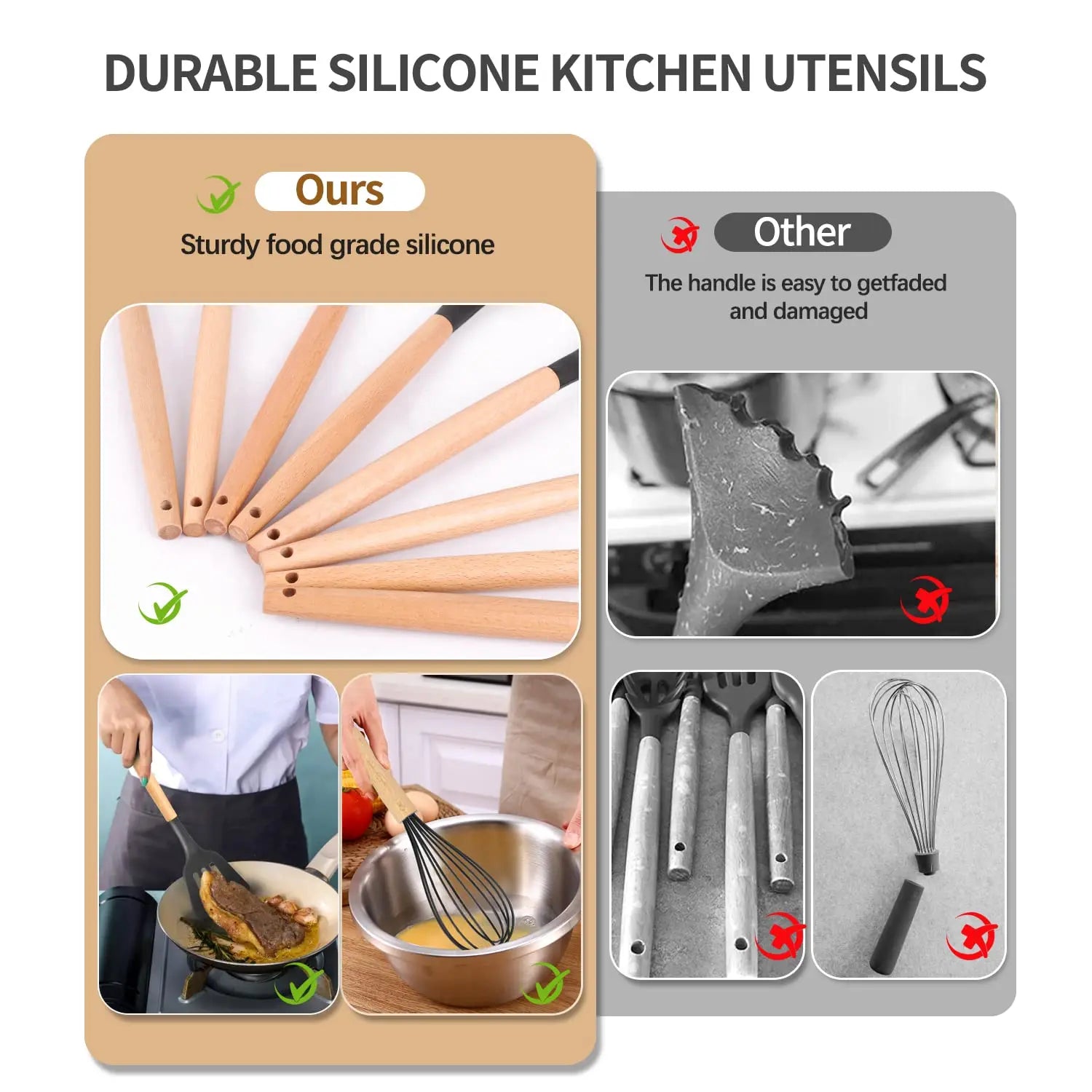 Conjunto de Utensílios de Cozinha em Silicone - 33 peças, Antiaderente, com Espátulas e Suporte, Cabo de Madeira (Preto)