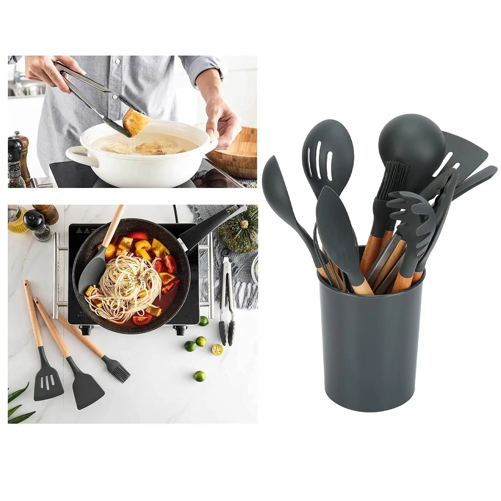 Conjunto de 12 utensílios de cozinha de silicone cinza, antiaderentes, com cabos de madeira de faia, resistentes ao calor até 250 °C (480 °F), ideais para cozinhas domésticas.