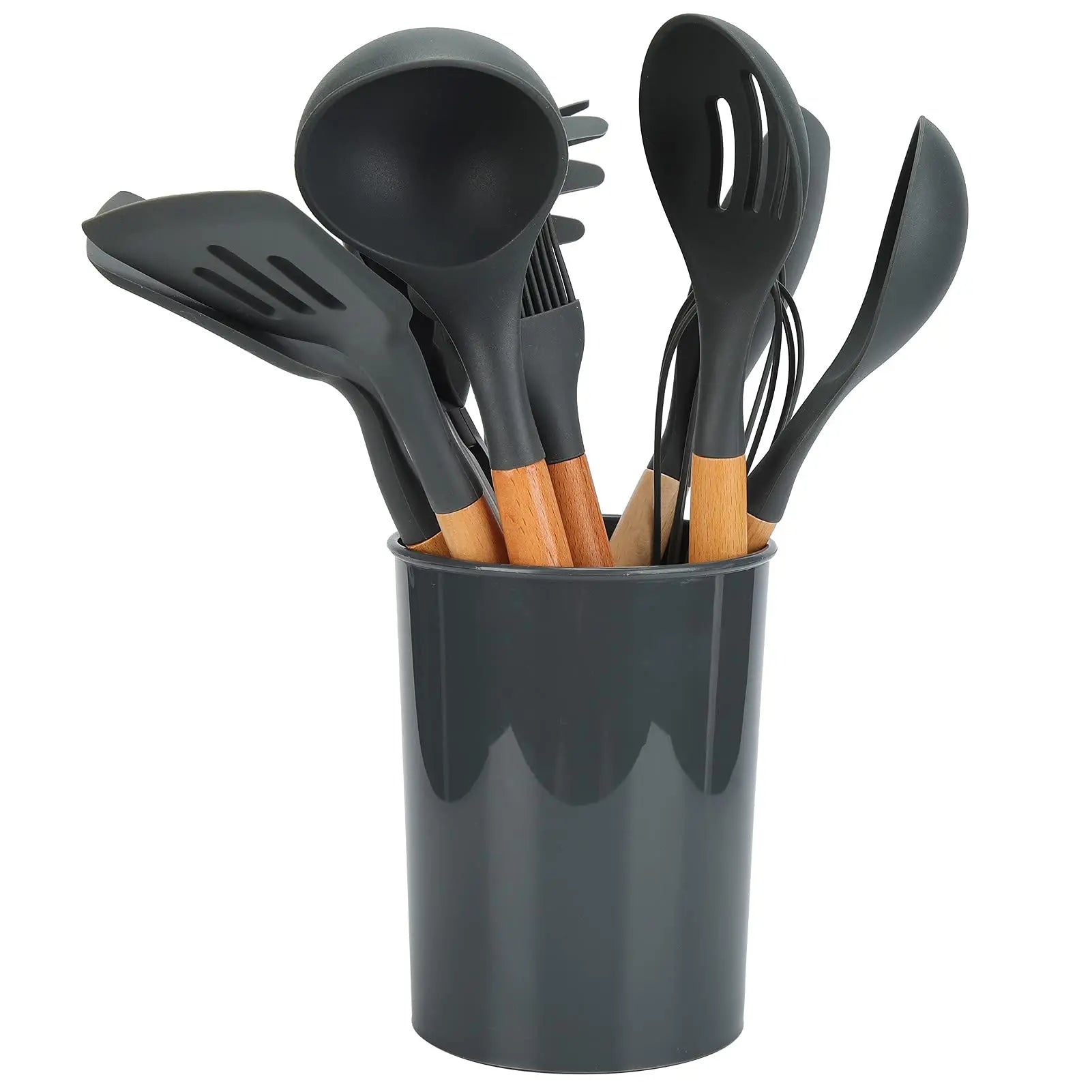 Conjunto de 12 utensílios de cozinha de silicone cinza, antiaderentes, com cabos de madeira de faia, resistentes ao calor até 250 °C (480 °F), ideais para cozinhas domésticas.