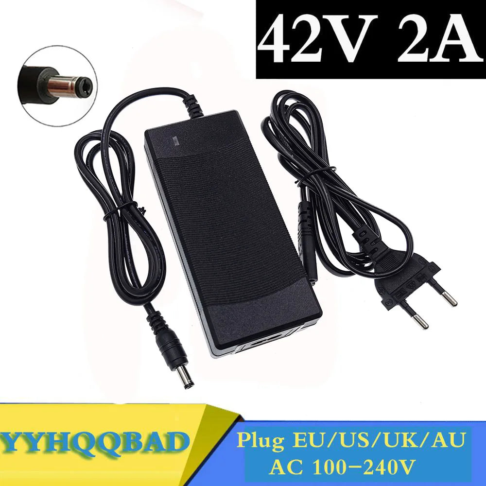 Carregador de bateria de 36V 2A com saída de 42V 2A e entrada de 100-240 VCA para baterias de lítio, íon-lítio e polímero de lítio da série 10 (36V).