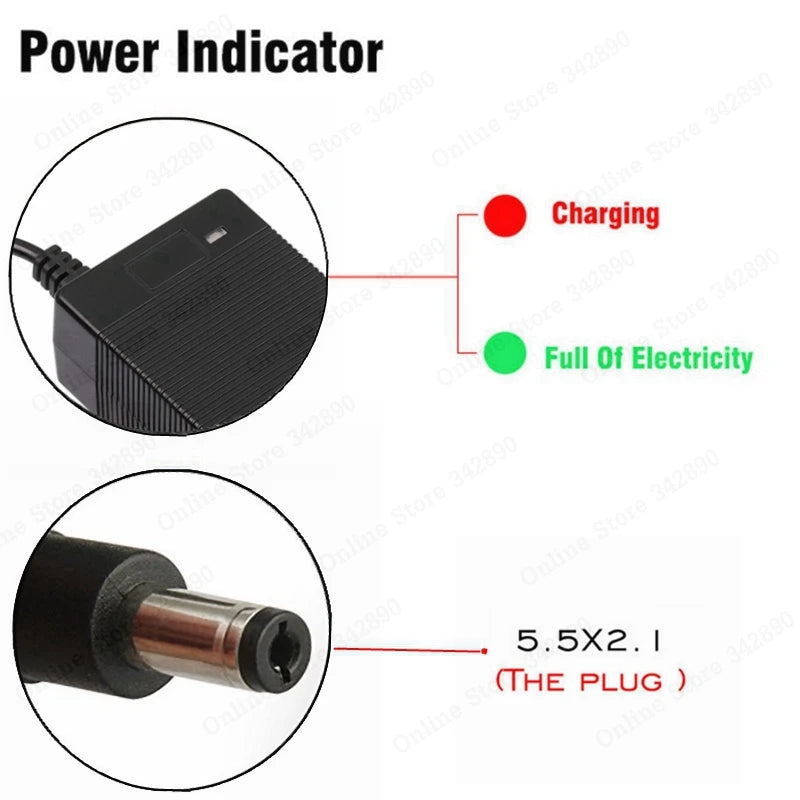 Carregador de bateria de 36V 2A com saída de 42V 2A e entrada de 100-240 VCA para baterias de lítio, íon-lítio e polímero de lítio da série 10 (36V).