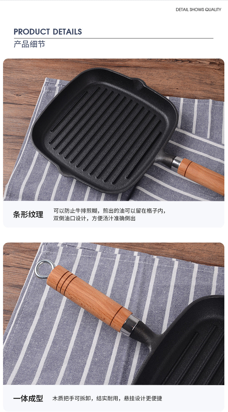 Frigideira de ferro fundido para bife, panela de ferro com listras, frigideira para assar bife sem revestimento, frigideira grossa, direto da fábrica, atacado