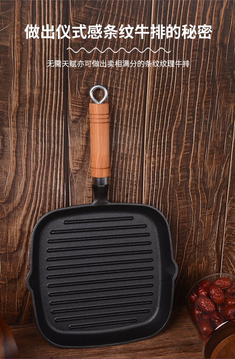 Frigideira de ferro fundido para bife, panela de ferro com listras, frigideira para assar bife sem revestimento, frigideira grossa, direto da fábrica, atacado