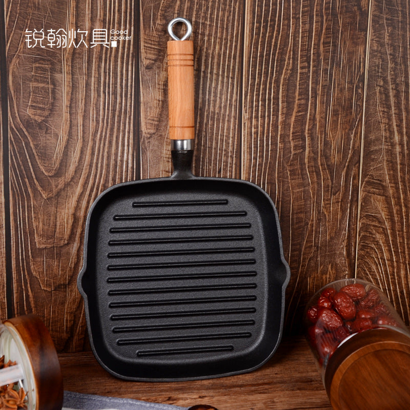 Frigideira de ferro fundido para bife, panela de ferro com listras, frigideira para assar bife sem revestimento, frigideira grossa, direto da fábrica, atacado