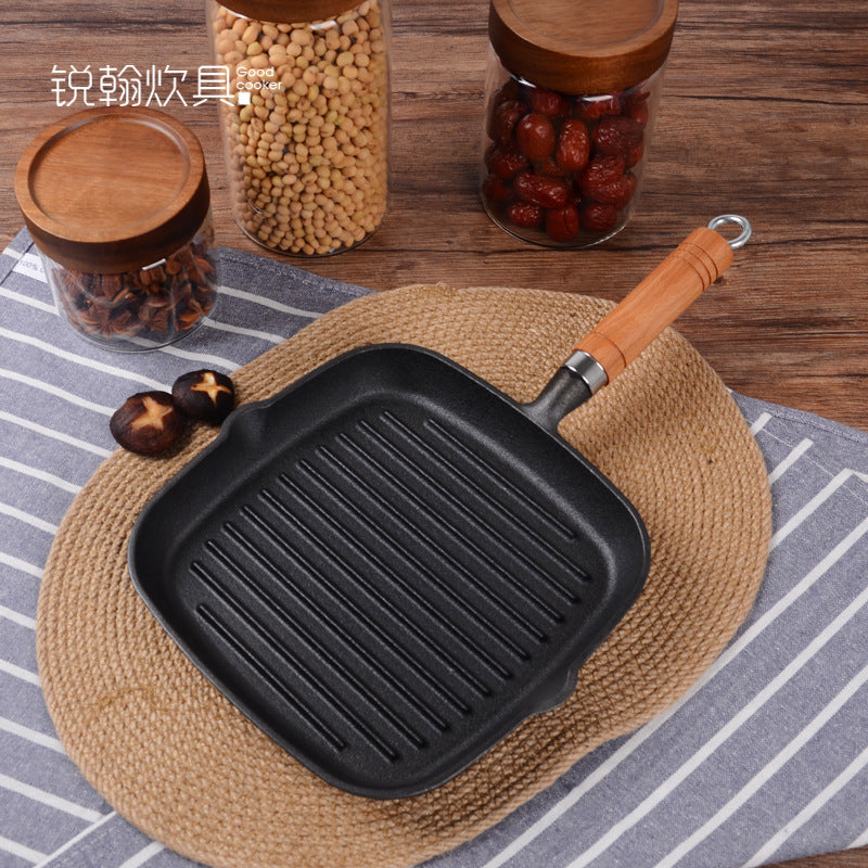 Frigideira de ferro fundido para bife, panela de ferro com listras, frigideira para assar bife sem revestimento, frigideira grossa, direto da fábrica, atacado