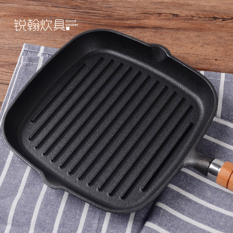 Frigideira de ferro fundido para bife, panela de ferro com listras, frigideira para assar bife sem revestimento, frigideira grossa, direto da fábrica, atacado