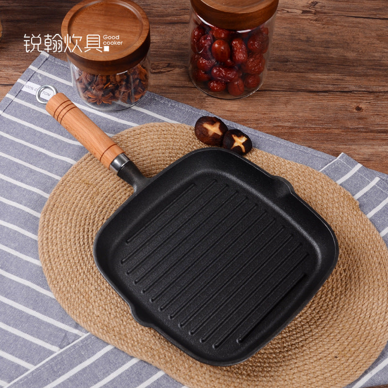 Frigideira de ferro fundido para bife, panela de ferro com listras, frigideira para assar bife sem revestimento, frigideira grossa, direto da fábrica, atacado