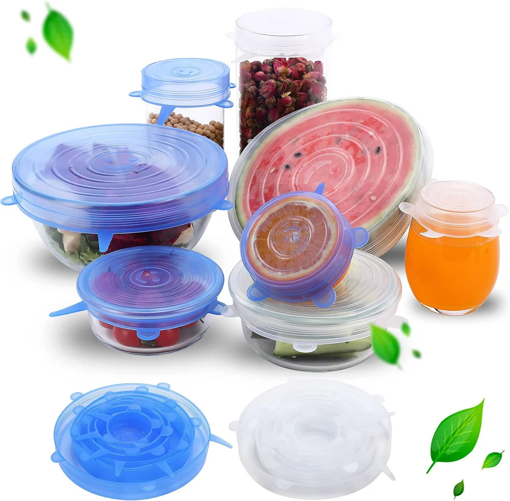 Conjunto de 6 Tampas de Silicone de Grau Alimentício Reutilizáveis e Herméticas para Conservação de Alimentos, Tampas Redondas Universais Elásticas para Acessórios de Cozinha