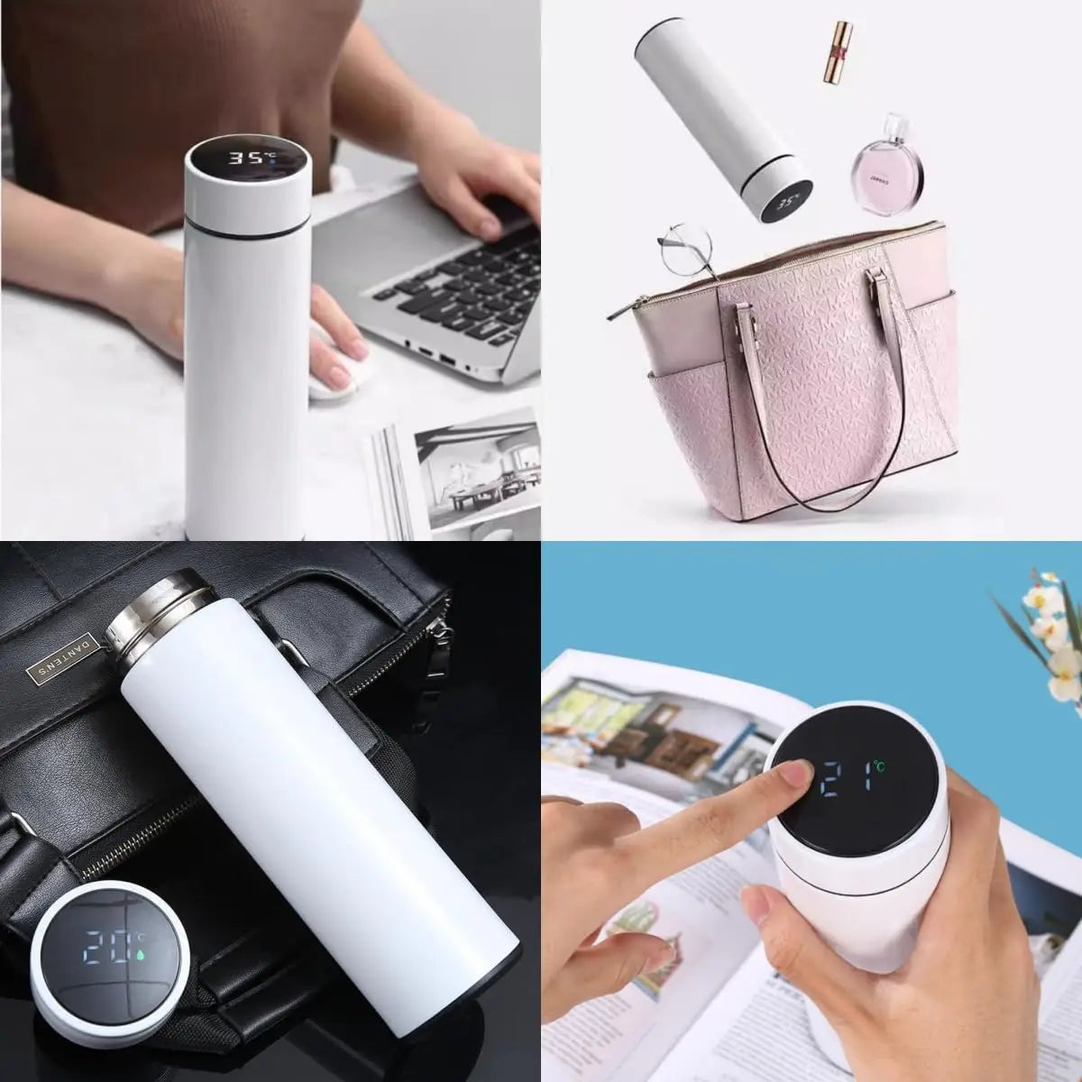 Copo térmico de 500ml com visor de temperatura, em aço inoxidável, com divisórias, ideal para uso externo, com isolamento a vácuo. Ótima opção de presente para o Dia dos Pais.