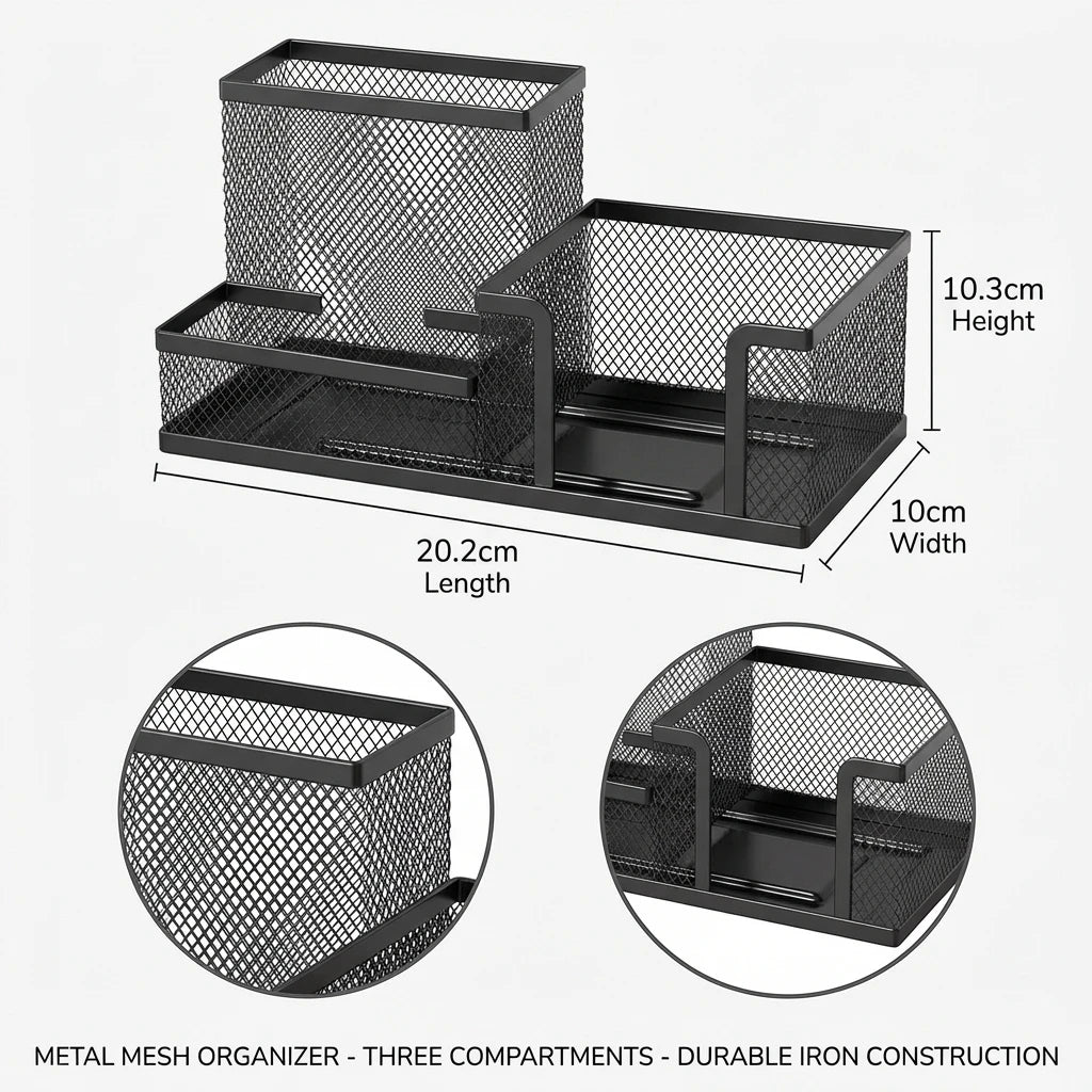 Organizador de mesa em tela preta com porta-lápis e cestos de armazenamento, 3 compartimentos, organizador para materiais de escritório e acessórios de mesa.