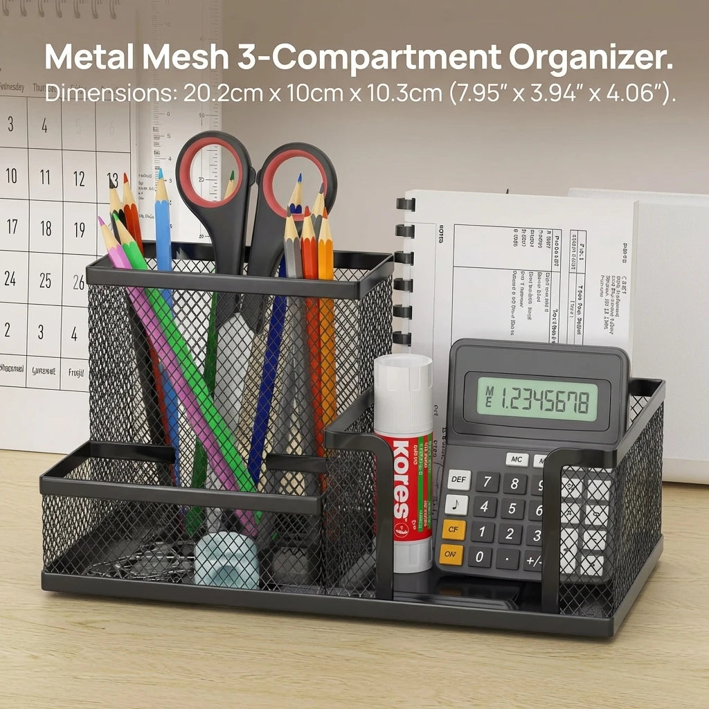 Organizador de mesa em tela preta com porta-lápis e cestos de armazenamento, 3 compartimentos, organizador para materiais de escritório e acessórios de mesa.