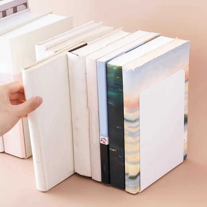 Organizador de mesa em formato de L, suporte para livros durável e elegante, estilo minimalista.