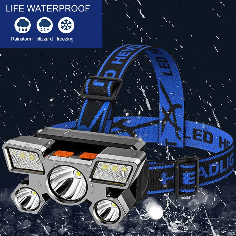 Lanterna de cabeça portátil recarregável via USB com 5 LEDs, bateria integrada, ideal para trabalho, pesca e camping.