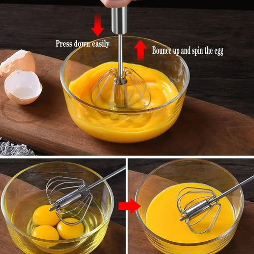 Batedor de aço inoxidável para cozinha, batedor giratório semiautomático com cabo em madeira de faia, batedeira manual G041