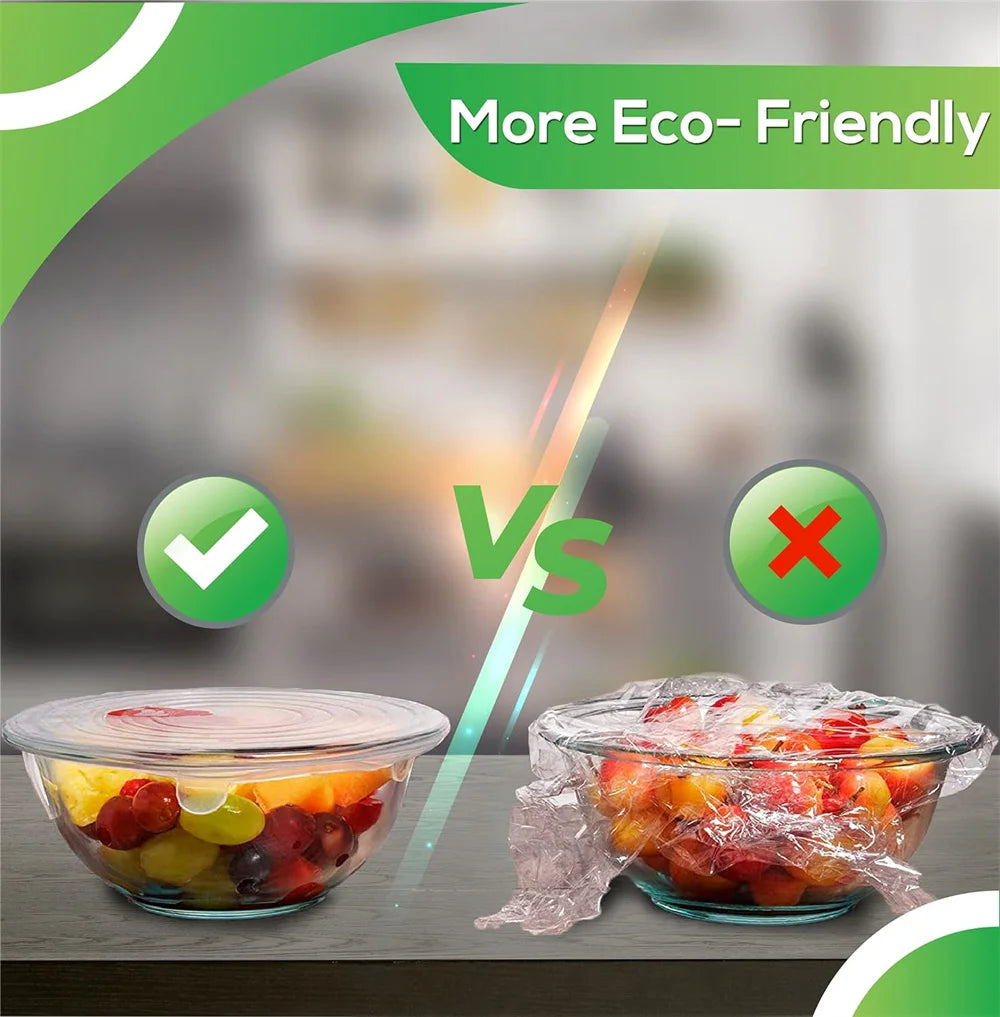 Conjunto de 6 Tampas de Silicone de Grau Alimentício Reutilizáveis e Herméticas para Conservação de Alimentos, Tampas Redondas Universais Elásticas para Acessórios de Cozinha