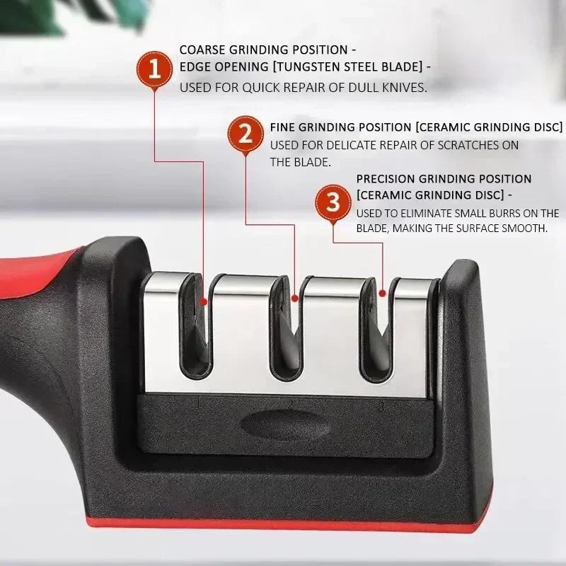 3-Afiador de facas segmentado, afiador de facas para facas de cozinha, pedra de afiar tripla em aço inoxidável para utensílios de cozinha.