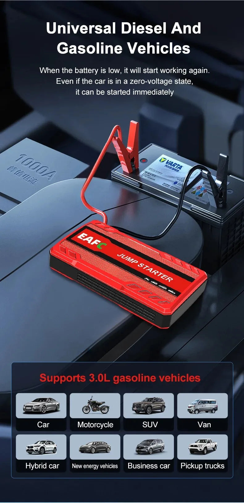 EAFC 2000A / 600A Carregador de Bateria Portátil para Carro, Auxiliar de Partida 12V para Motores a Diesel e Gasolina