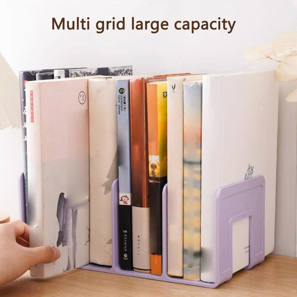 Organizador de livros com 4 compartimentos, suporte para livros em ABS, divisória para livros, papéis e arquivos, ideal para casa, escritório e sala de aula.
