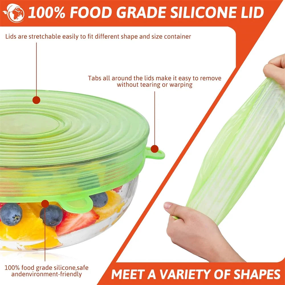 Conjunto de 6 Tampas de Silicone de Grau Alimentício Reutilizáveis e Herméticas para Conservação de Alimentos, Tampas Redondas Universais Elásticas para Acessórios de Cozinha