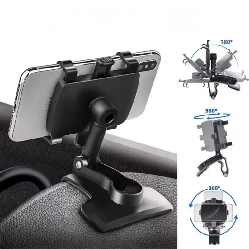 Suporte para celular no painel do carro, em ABS, para quebra-sol, com rotação de 360 graus, compatível com espelho retrovisor.