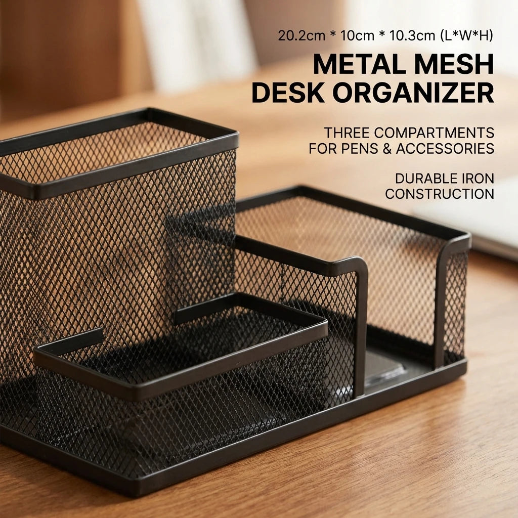 Organizador de mesa em tela preta com porta-lápis e cestos de armazenamento, 3 compartimentos, organizador para materiais de escritório e acessórios de mesa.