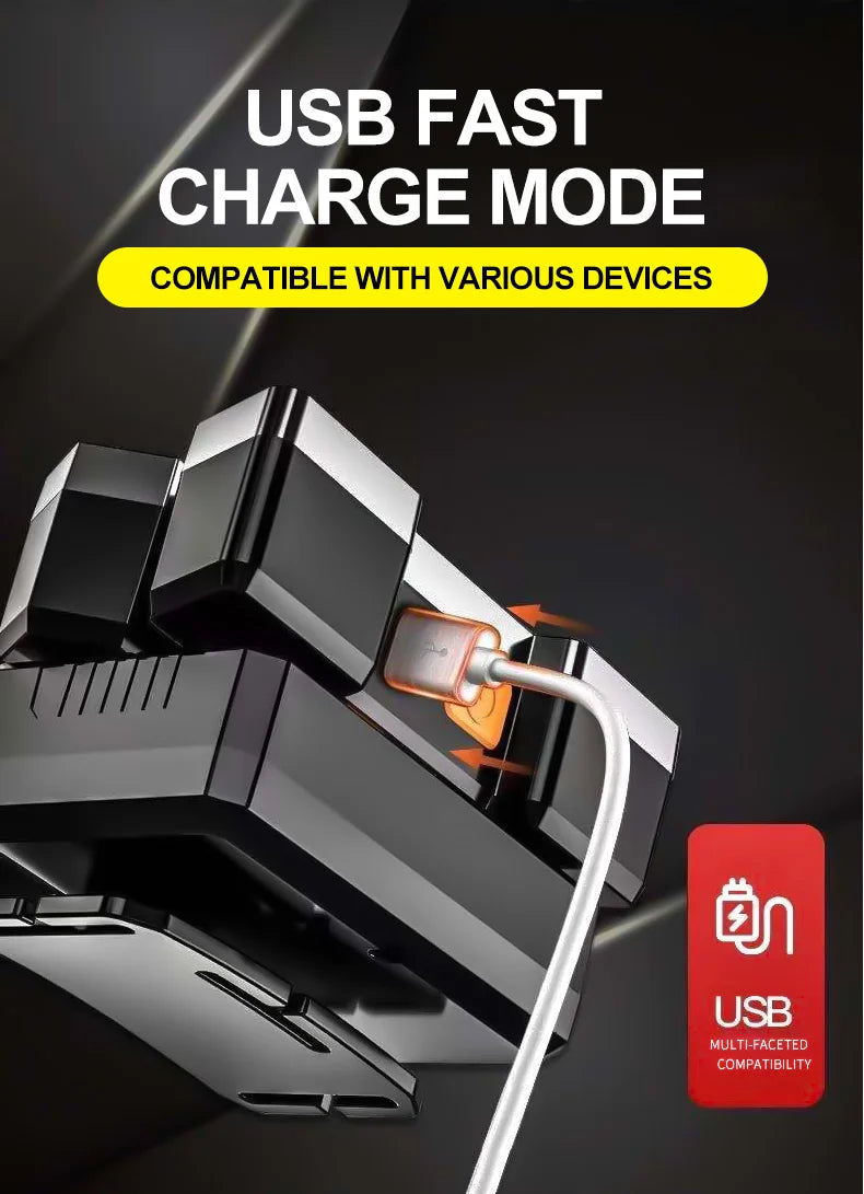 Lanterna de cabeça portátil recarregável via USB com 5 LEDs, bateria integrada, ideal para trabalho, pesca e camping.