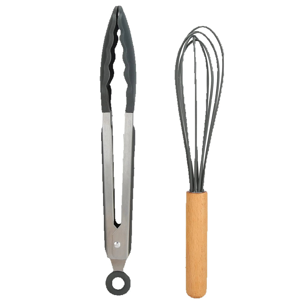 Conjunto de 12 utensílios de cozinha de silicone cinza, antiaderentes, com cabos de madeira de faia, resistentes ao calor até 250 °C (480 °F), ideais para cozinhas domésticas.