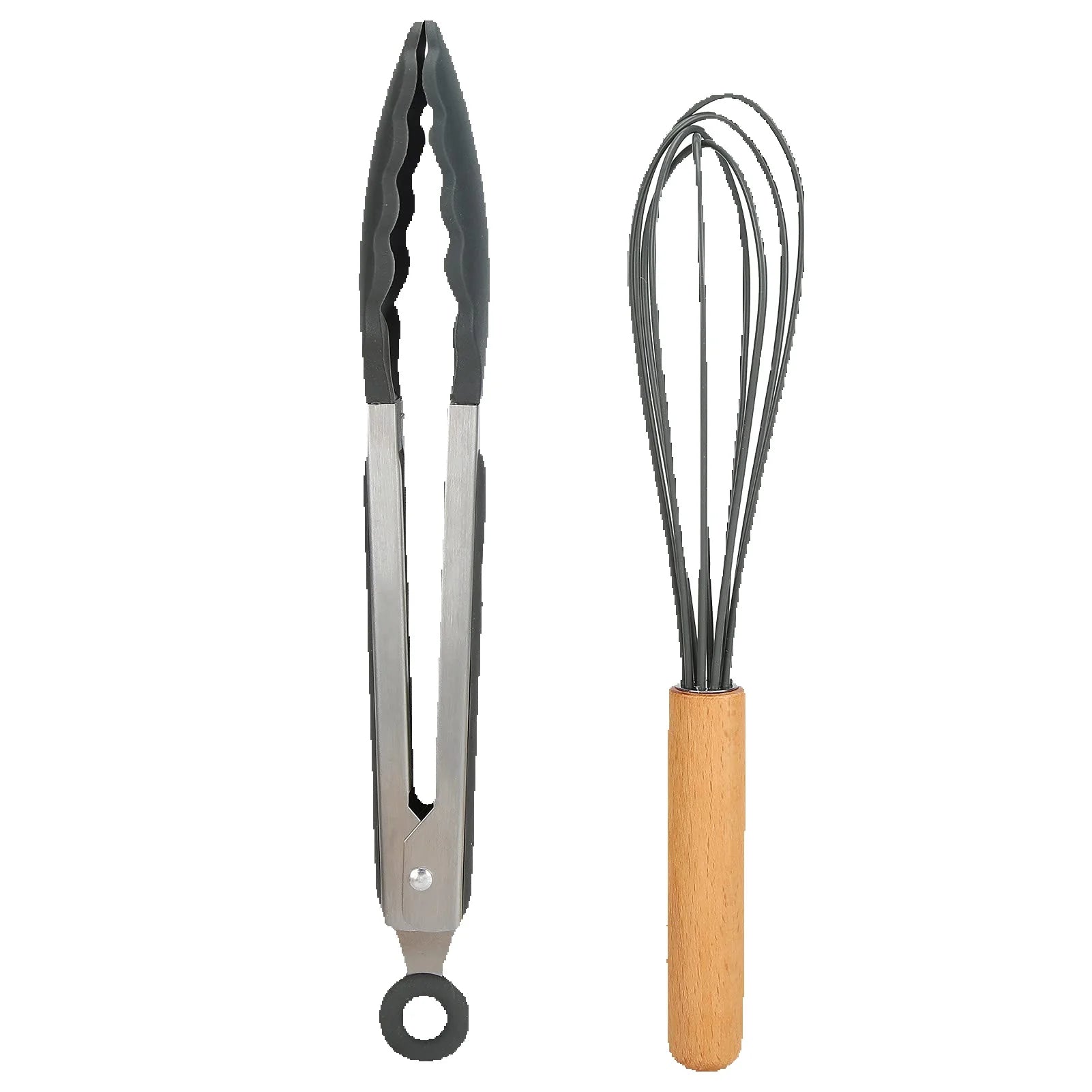 Conjunto de 12 utensílios de cozinha de silicone cinza, antiaderentes, com cabos de madeira de faia, resistentes ao calor até 250 °C (480 °F), ideais para cozinhas domésticas.