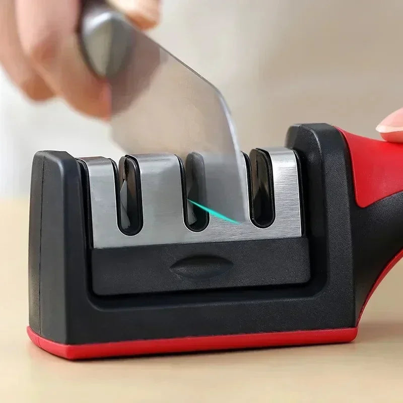 3-Afiador de facas segmentado, afiador de facas para facas de cozinha, pedra de afiar tripla em aço inoxidável para utensílios de cozinha.