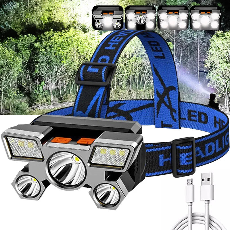 Lanterna de cabeça portátil recarregável via USB com 5 LEDs, bateria integrada, ideal para trabalho, pesca e camping.