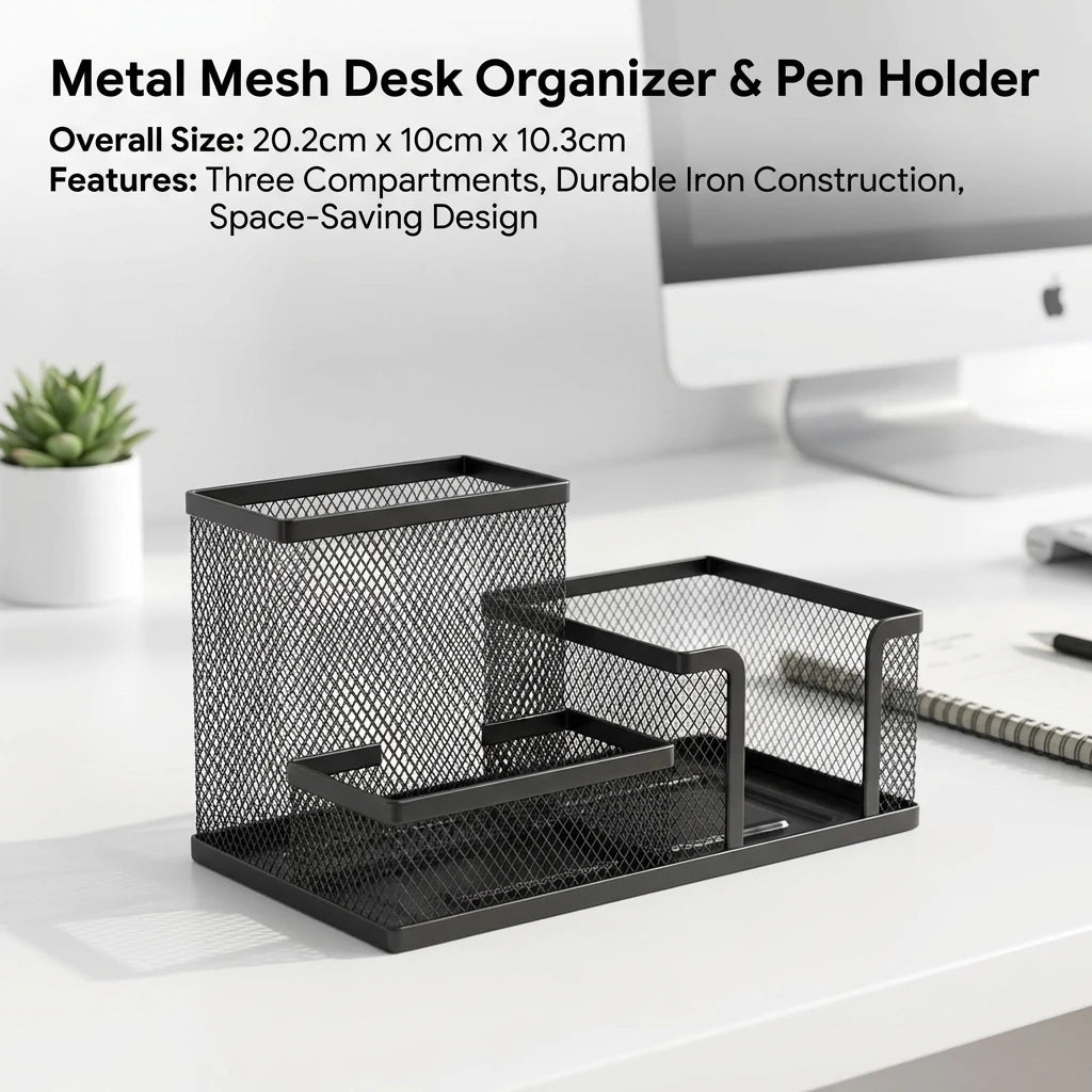 Organizador de mesa em tela preta com porta-lápis e cestos de armazenamento, 3 compartimentos, organizador para materiais de escritório e acessórios de mesa.