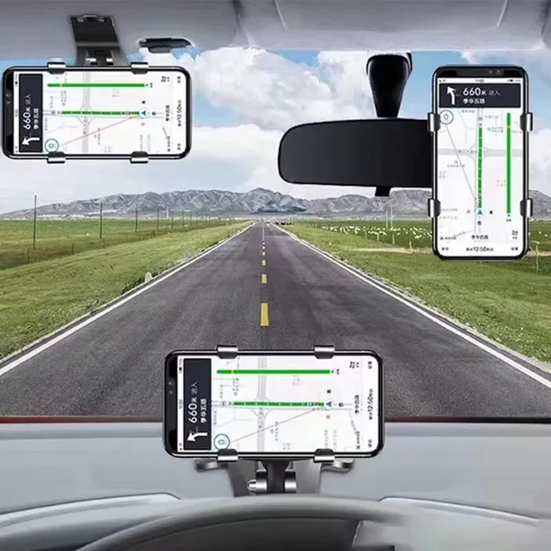 Suporte para celular no painel do carro, em ABS, para quebra-sol, com rotação de 360 graus, compatível com espelho retrovisor.