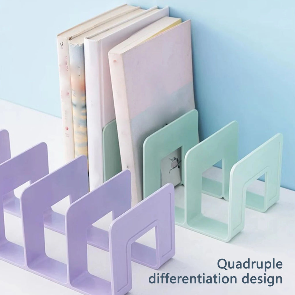 Organizador de livros com 4 compartimentos, suporte para livros em ABS, divisória para livros, papéis e arquivos, ideal para casa, escritório e sala de aula.