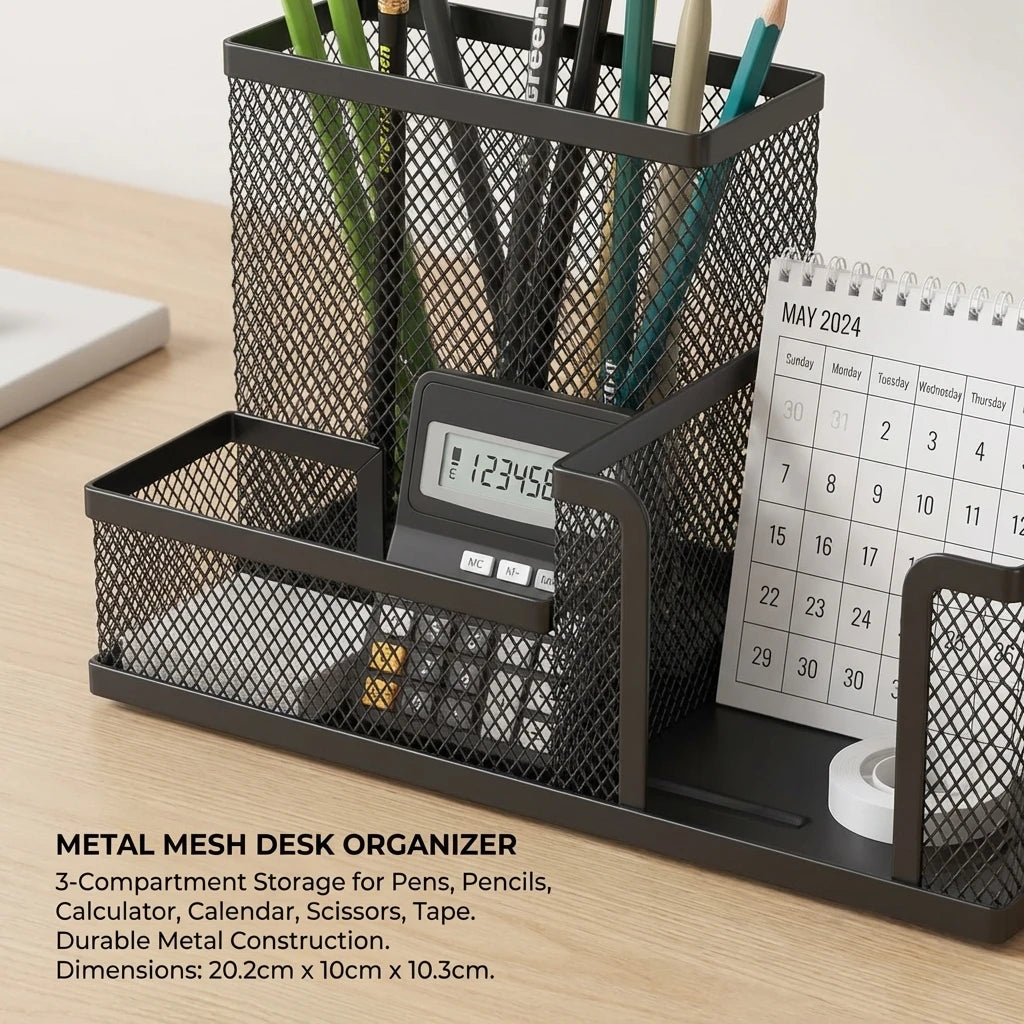 Organizador de mesa em tela preta com porta-lápis e cestos de armazenamento, 3 compartimentos, organizador para materiais de escritório e acessórios de mesa.