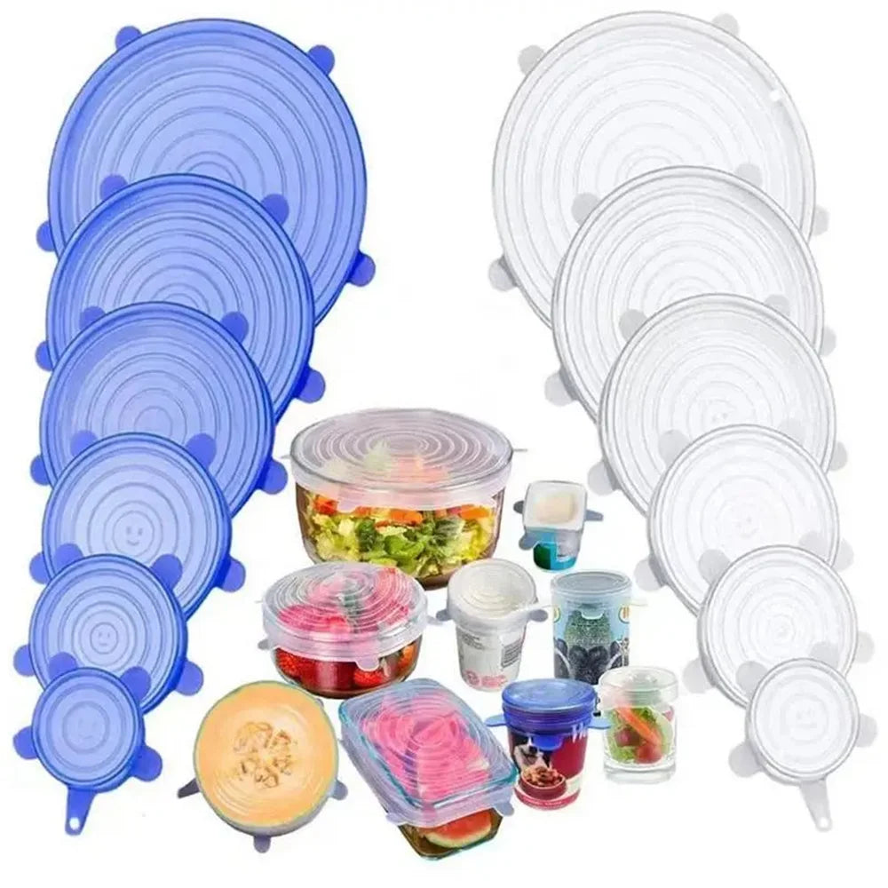 Conjunto de 6 Tampas de Silicone de Grau Alimentício Reutilizáveis e Herméticas para Conservação de Alimentos, Tampas Redondas Universais Elásticas para Acessórios de Cozinha